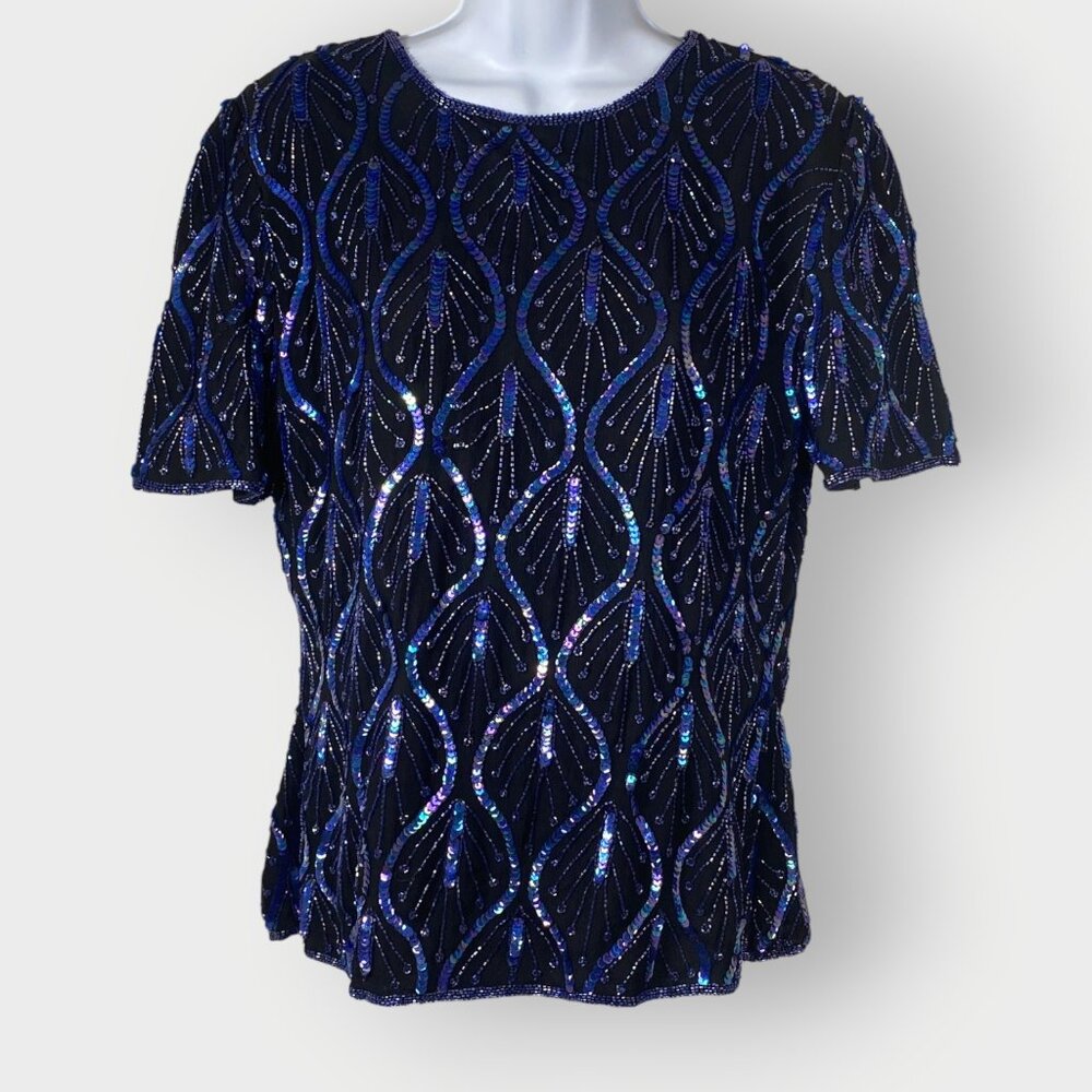 Vtg Stenay Silk Blouse | M | Sequin Bead | Glam Art Deco